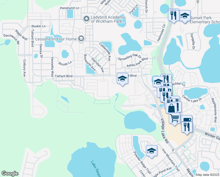 map of restaurants, bars, coffee shops, grocery stores, and more near 12952 Westside Village Loop in Windermere