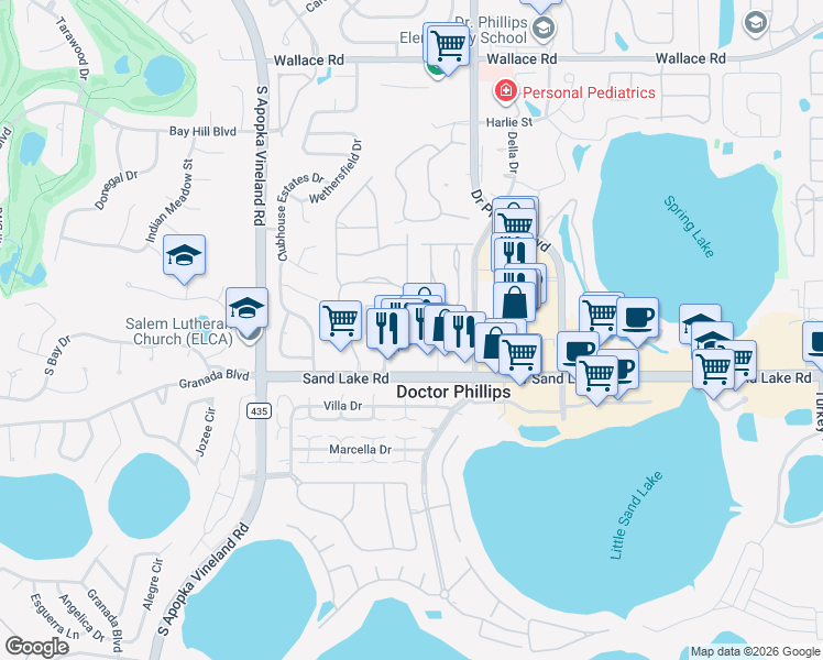 map of restaurants, bars, coffee shops, grocery stores, and more near 8179 Via Vittoria Way in Orlando