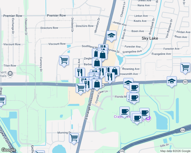 map of restaurants, bars, coffee shops, grocery stores, and more near 7900 South Orange Blossom Trail in Orlando