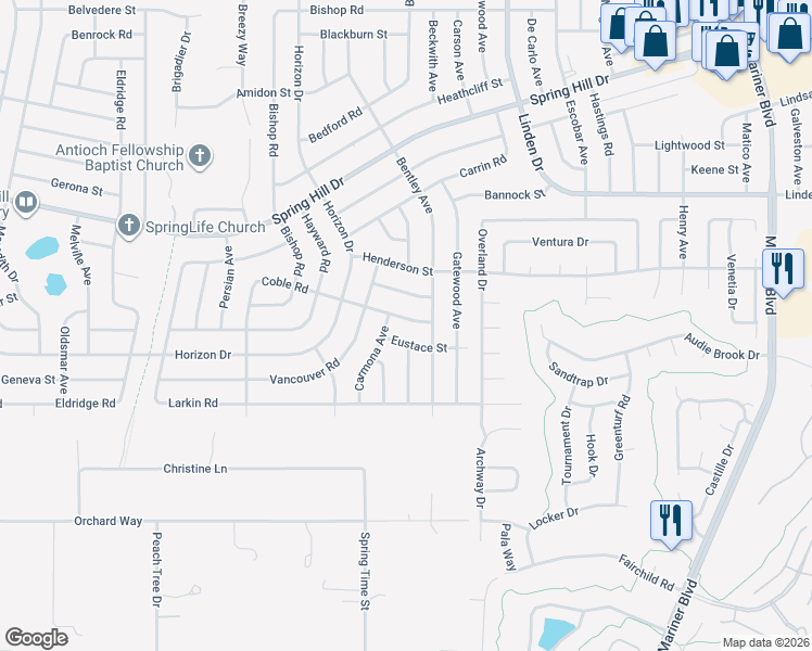 map of restaurants, bars, coffee shops, grocery stores, and more near 1469 Coble Road in Spring Hill