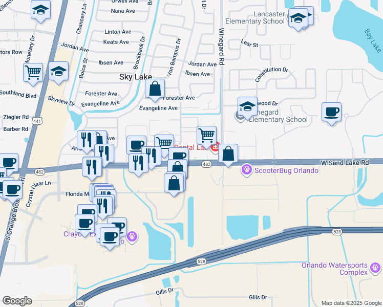 map of restaurants, bars, coffee shops, grocery stores, and more near 795 West Sand Lake Road in Orlando