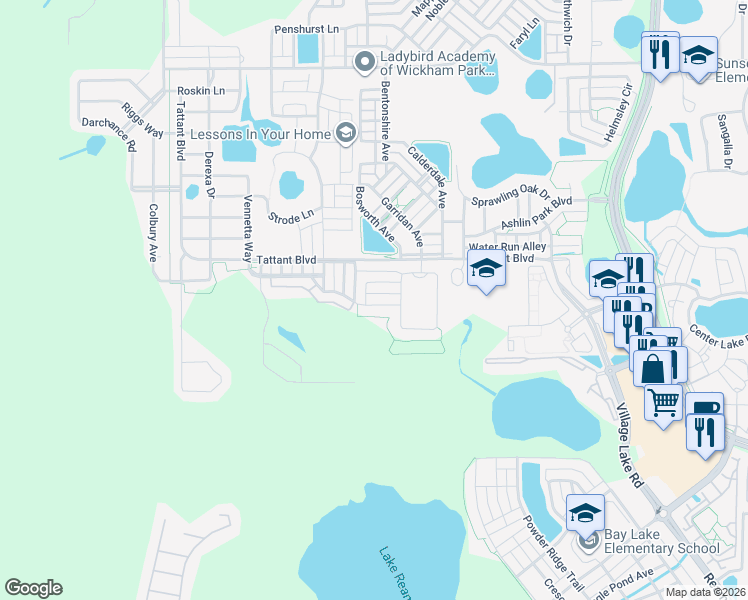 map of restaurants, bars, coffee shops, grocery stores, and more near 11524 Charnock Drive in Windermere