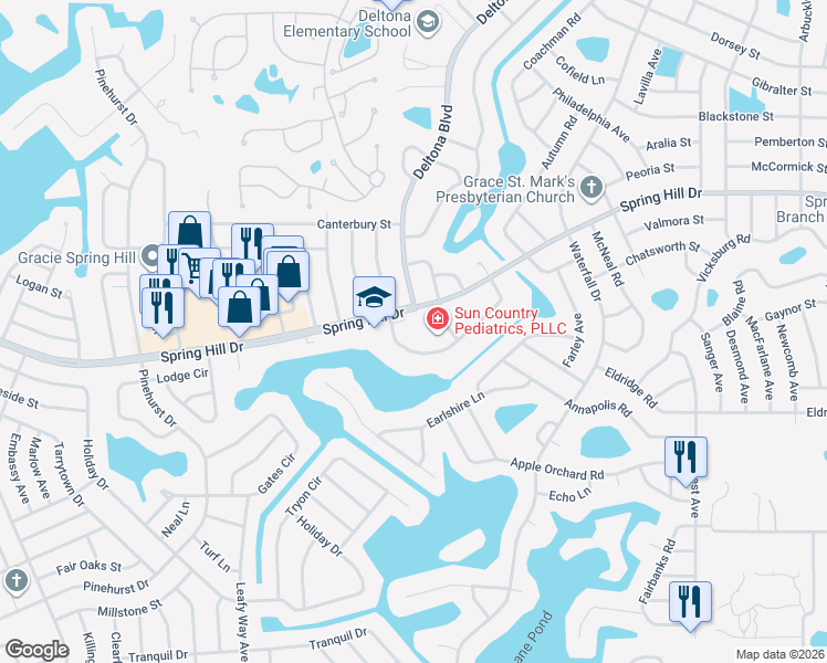 map of restaurants, bars, coffee shops, grocery stores, and more near 8136 Spring Hill Drive in Spring Hill