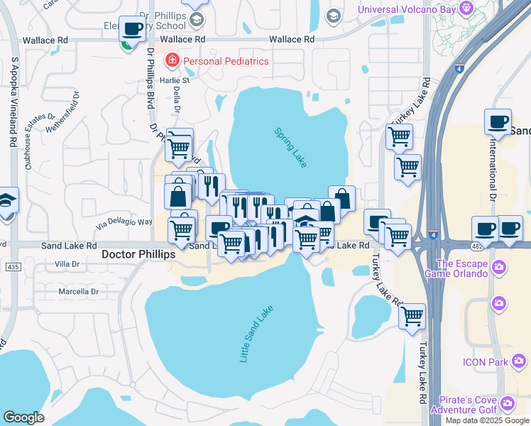 map of restaurants, bars, coffee shops, grocery stores, and more near 7550 Hinson Street in Orlando
