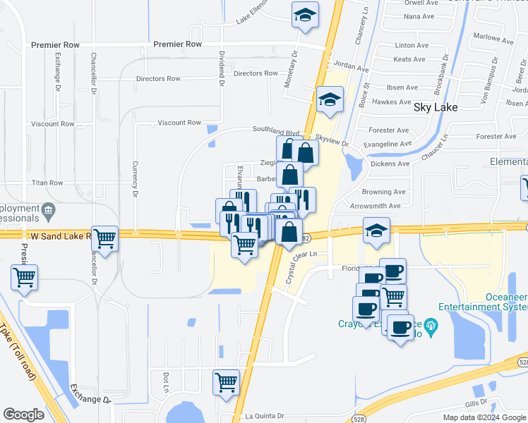 map of restaurants, bars, coffee shops, grocery stores, and more near 7802 South Orange Blossom Trail in Orlando