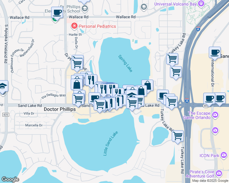 map of restaurants, bars, coffee shops, grocery stores, and more near 7550 Hinson Street in Orlando