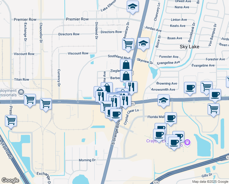 map of restaurants, bars, coffee shops, grocery stores, and more near 7802 South Orange Blossom Trail in Orlando