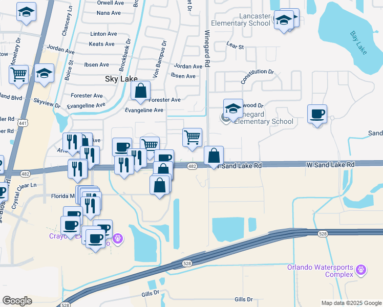 map of restaurants, bars, coffee shops, grocery stores, and more near 765 West Sand Lake Road in Orlando