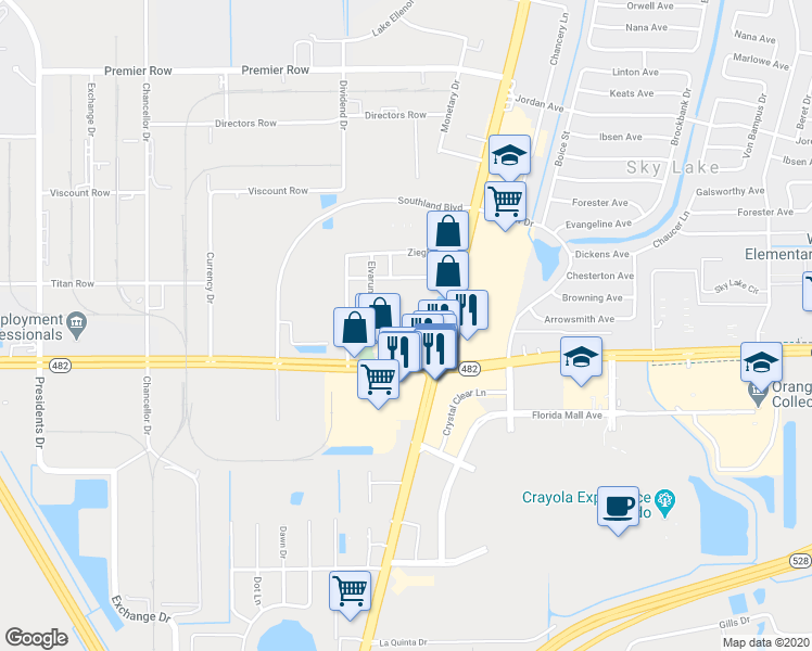 map of restaurants, bars, coffee shops, grocery stores, and more near 7802 South Orange Blossom Trail in Orlando