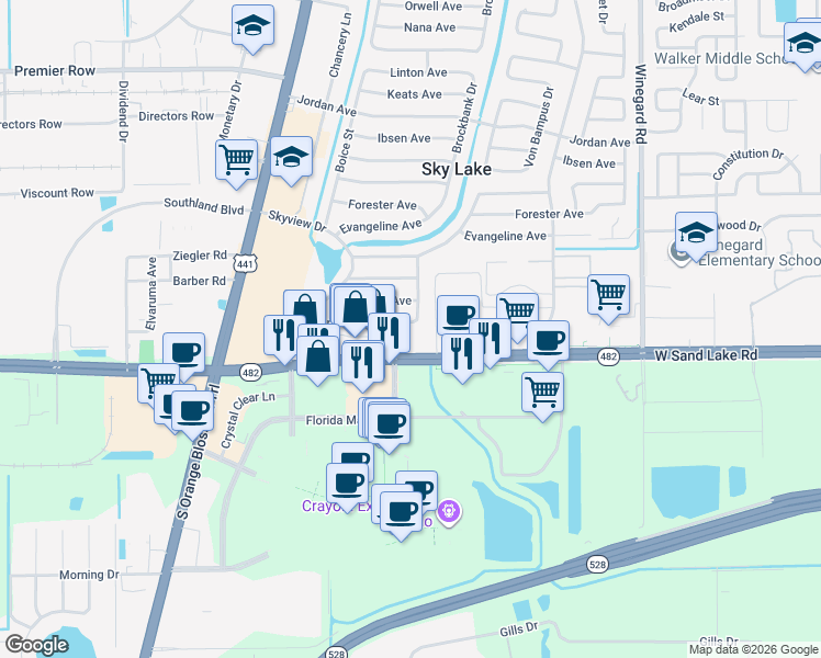 map of restaurants, bars, coffee shops, grocery stores, and more near 1106 Arrowsmith Avenue in Orlando