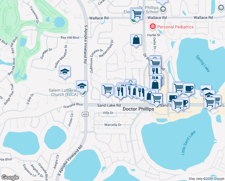 map of restaurants, bars, coffee shops, grocery stores, and more near 8316 Via Vittoria Way in Orlando