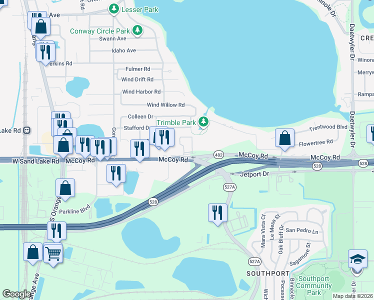 map of restaurants, bars, coffee shops, grocery stores, and more near 2121 McCoy Road in Belle Isle