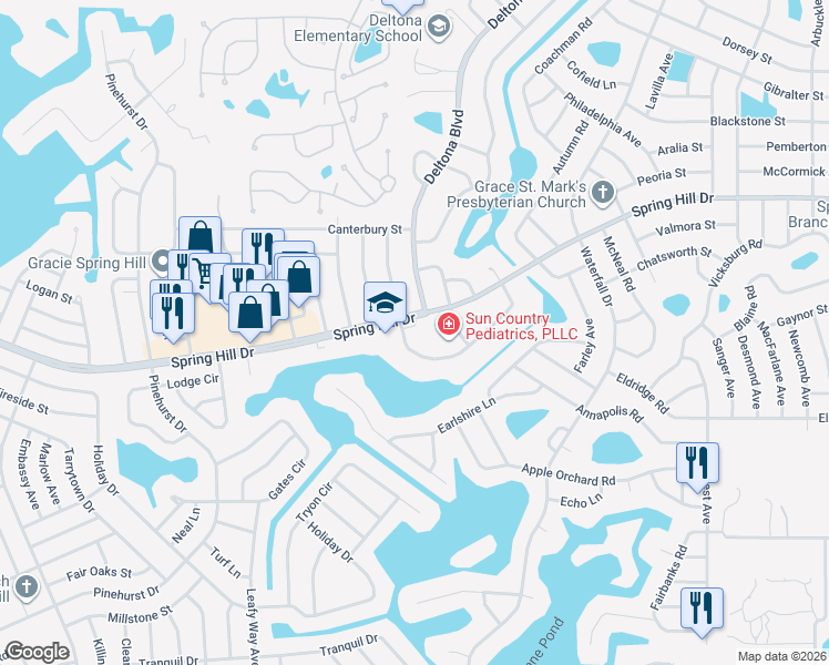 map of restaurants, bars, coffee shops, grocery stores, and more near 8183 Omaha Circle in Spring Hill
