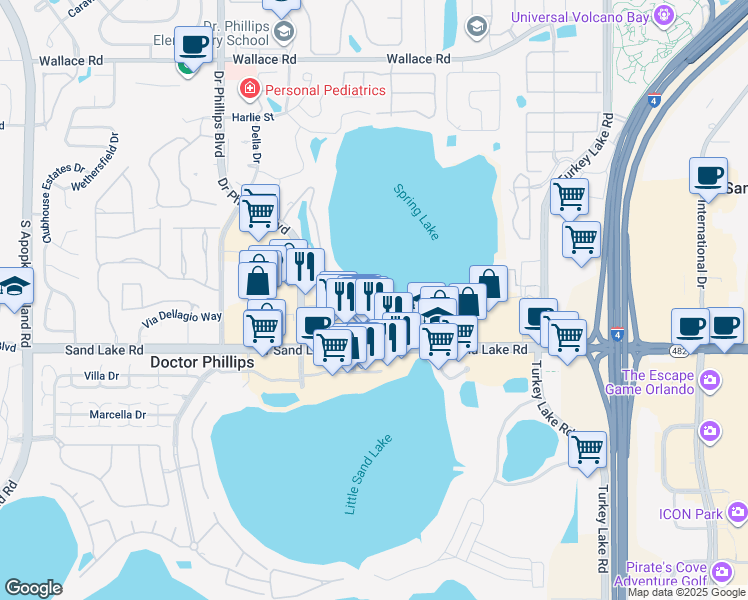 map of restaurants, bars, coffee shops, grocery stores, and more near 7550 Hinson Street in Orlando