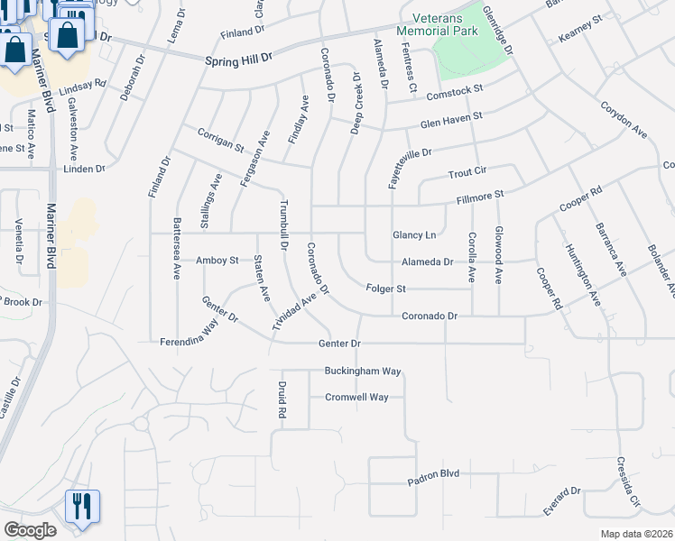 map of restaurants, bars, coffee shops, grocery stores, and more near 12147 Folger Street in Spring Hill