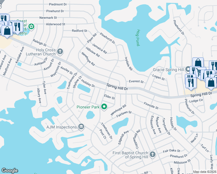 map of restaurants, bars, coffee shops, grocery stores, and more near 6651 Pinehurst Drive in Spring Hill