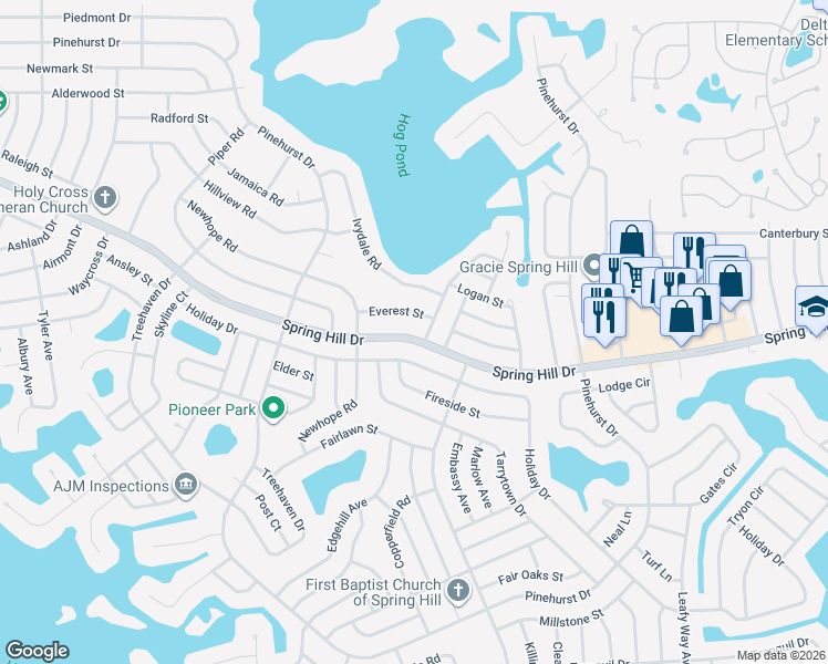 map of restaurants, bars, coffee shops, grocery stores, and more near 7065 Spring Hill Drive in Spring Hill