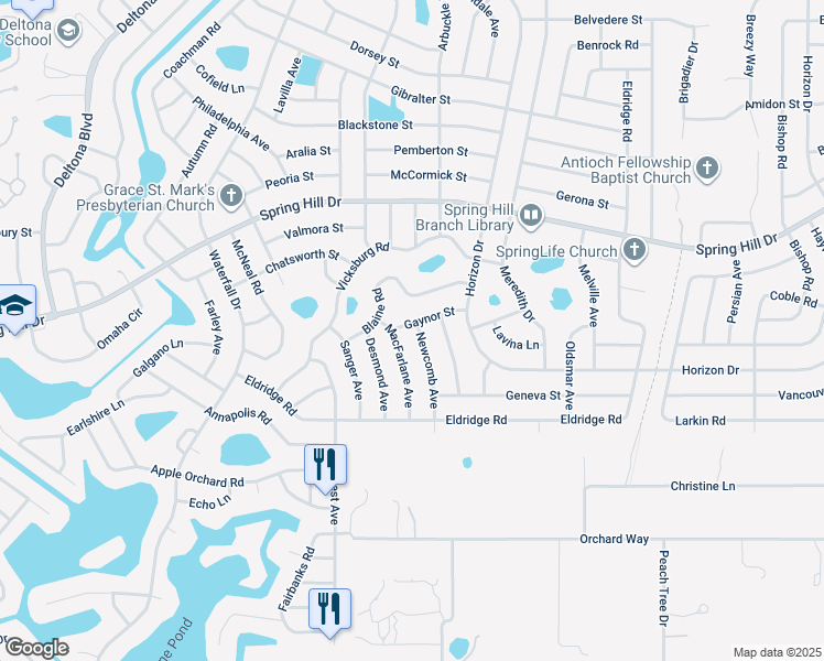map of restaurants, bars, coffee shops, grocery stores, and more near 1231 Newcomb Avenue in Spring Hill
