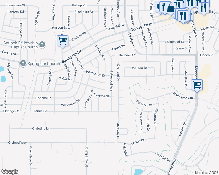 map of restaurants, bars, coffee shops, grocery stores, and more near 1224 Bentley Avenue in Spring Hill