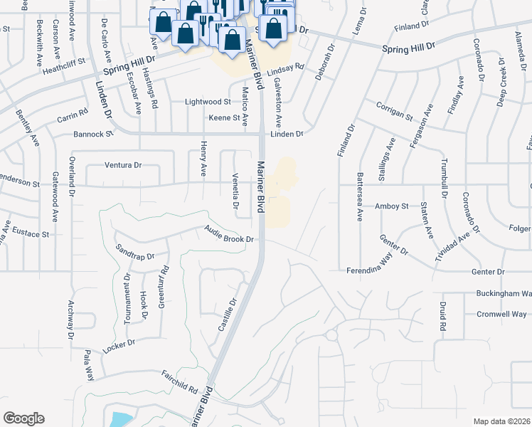 map of restaurants, bars, coffee shops, grocery stores, and more near 1222 Mariner Boulevard in Spring Hill