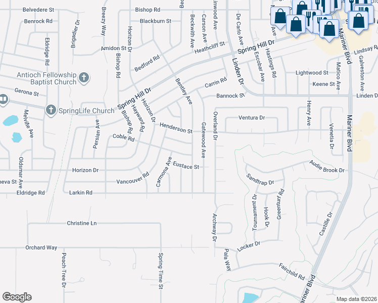 map of restaurants, bars, coffee shops, grocery stores, and more near 1224 Bentley Avenue in Spring Hill