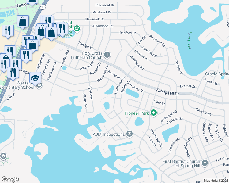 map of restaurants, bars, coffee shops, grocery stores, and more near 6452 Treehaven Drive in Spring Hill