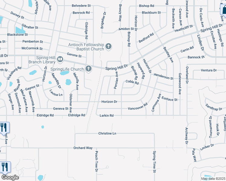 map of restaurants, bars, coffee shops, grocery stores, and more near 1215 Persian Avenue in Spring Hill