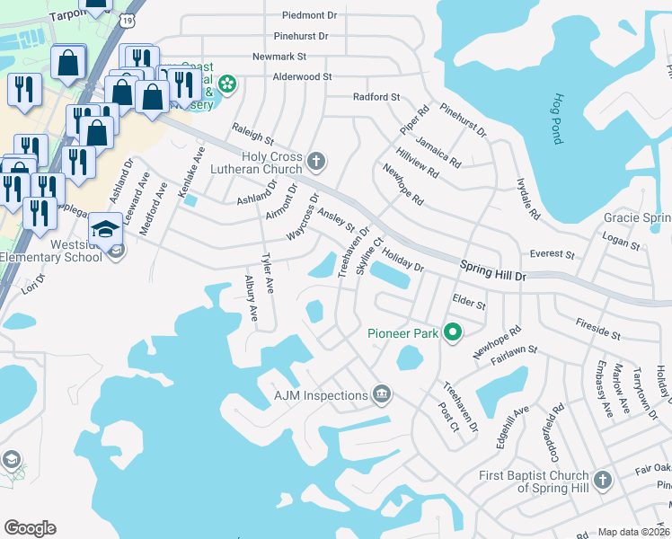 map of restaurants, bars, coffee shops, grocery stores, and more near 6452 Treehaven Drive in Spring Hill