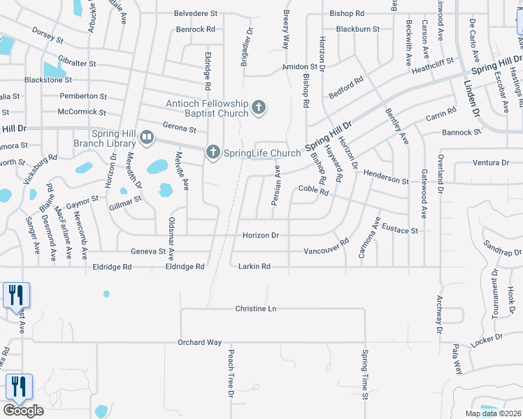 map of restaurants, bars, coffee shops, grocery stores, and more near 1220 Van Dale Avenue in Spring Hill