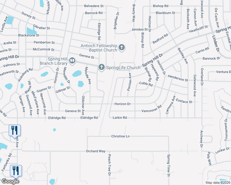 map of restaurants, bars, coffee shops, grocery stores, and more near 1610 Larkin Road in Spring Hill
