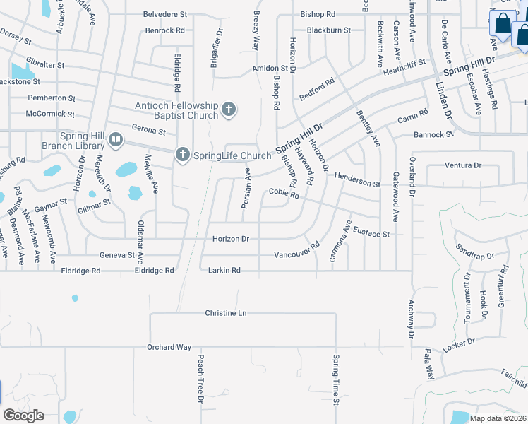 map of restaurants, bars, coffee shops, grocery stores, and more near 1226 Coble Road in Spring Hill