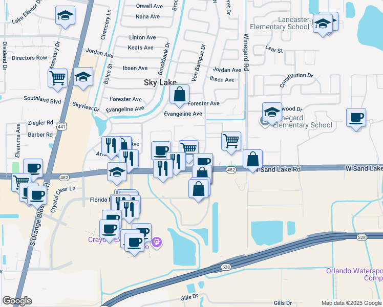 map of restaurants, bars, coffee shops, grocery stores, and more near 825 Sand Lake Road in Orlando