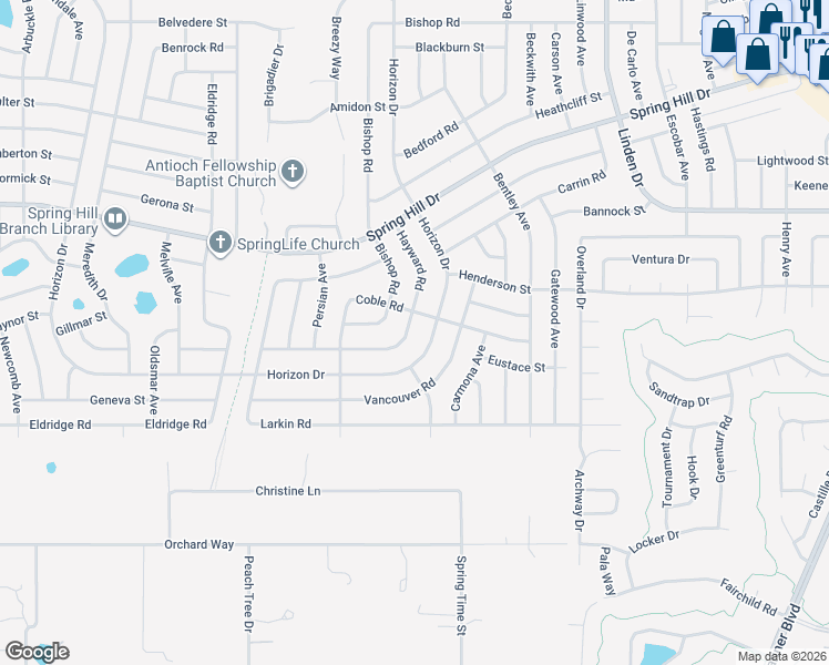map of restaurants, bars, coffee shops, grocery stores, and more near 10048 Hayward Road in Spring Hill
