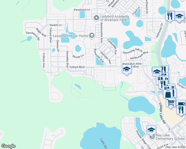 map of restaurants, bars, coffee shops, grocery stores, and more near 7773 Moser Avenue in Windermere