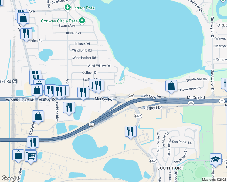 map of restaurants, bars, coffee shops, grocery stores, and more near 2121 McCoy Road in Belle Isle