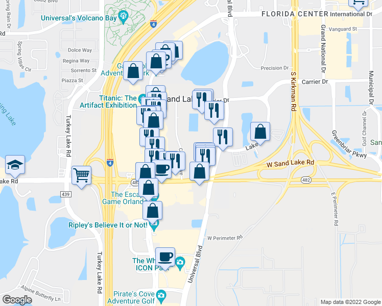 map of restaurants, bars, coffee shops, grocery stores, and more near 7601 Canada Avenue in Orlando