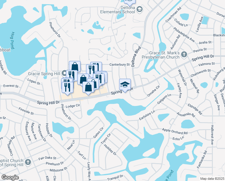 map of restaurants, bars, coffee shops, grocery stores, and more near 8039 Spring Hill Drive in Spring Hill