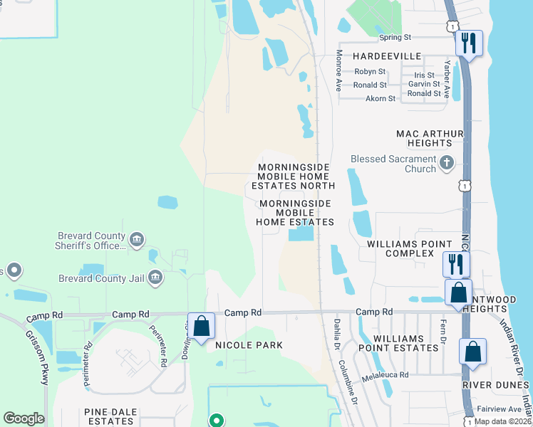 map of restaurants, bars, coffee shops, grocery stores, and more near 5365 Burgess Avenue in Cocoa