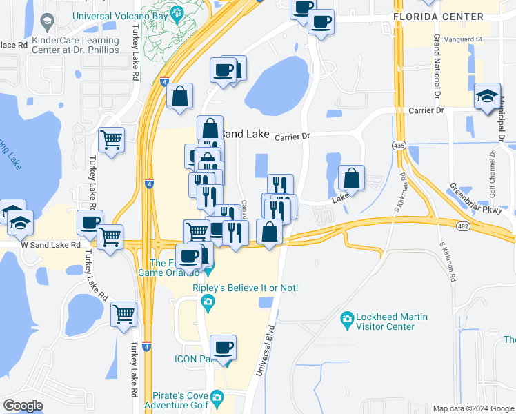 map of restaurants, bars, coffee shops, grocery stores, and more near 7601 Canada Avenue in Orlando