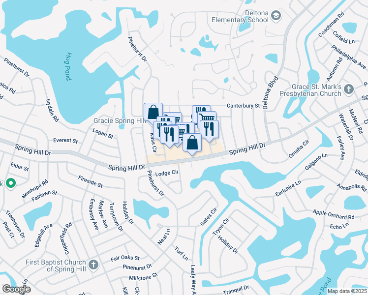 map of restaurants, bars, coffee shops, grocery stores, and more near 7365 Spring Hill Drive in Spring Hill