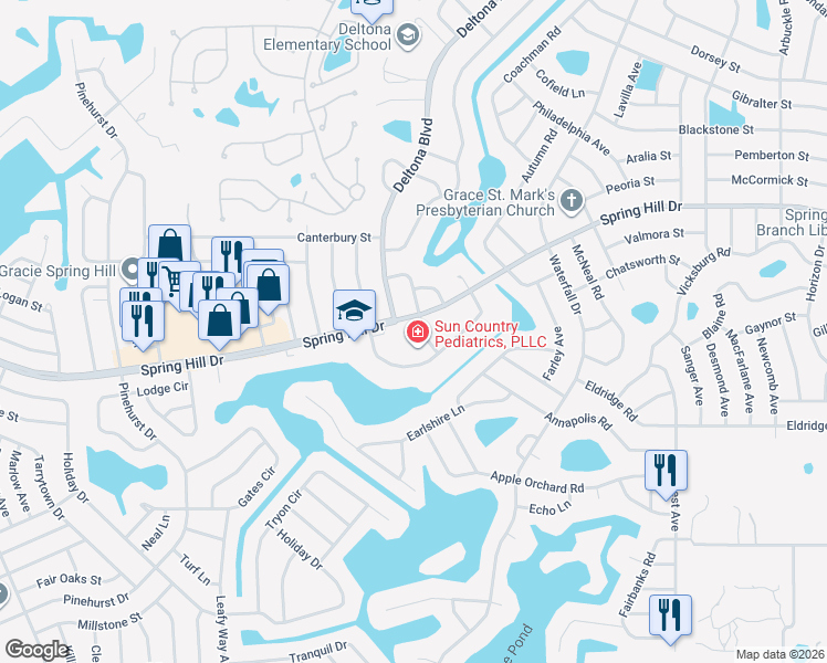map of restaurants, bars, coffee shops, grocery stores, and more near 8136 Spring Hill Drive in Spring Hill