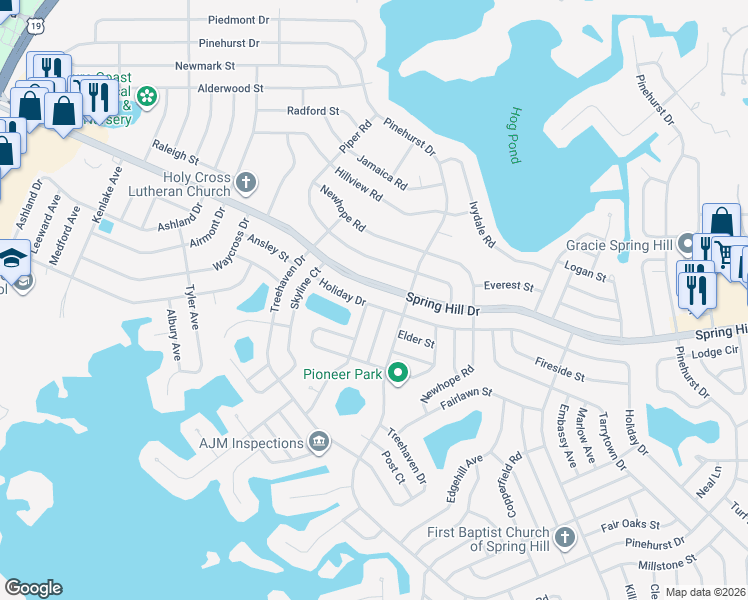 map of restaurants, bars, coffee shops, grocery stores, and more near 6369 Holiday Drive in Spring Hill