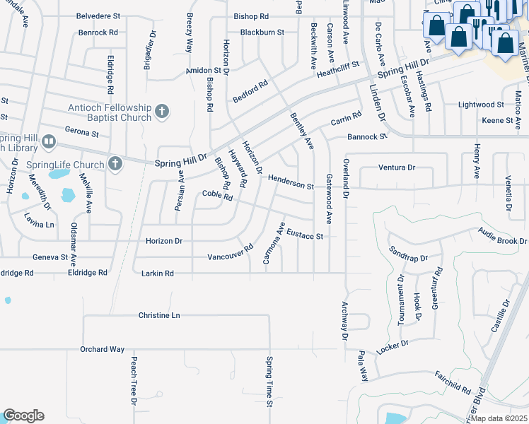 map of restaurants, bars, coffee shops, grocery stores, and more near 10169 Vancouver Road in Spring Hill