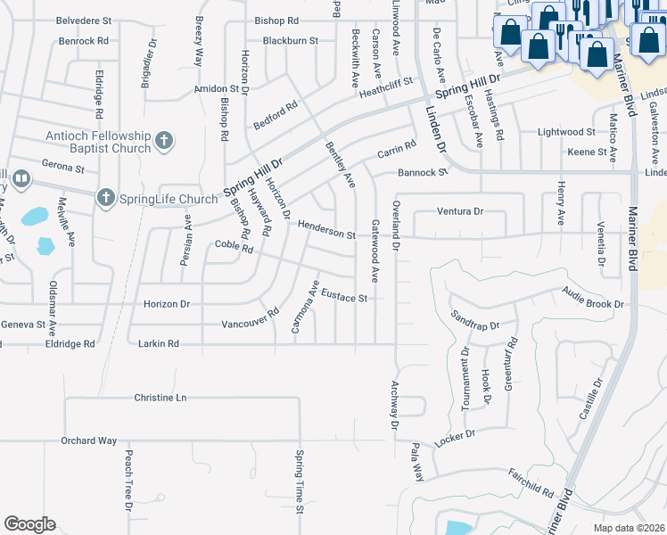 map of restaurants, bars, coffee shops, grocery stores, and more near 1469 Coble Road in Spring Hill