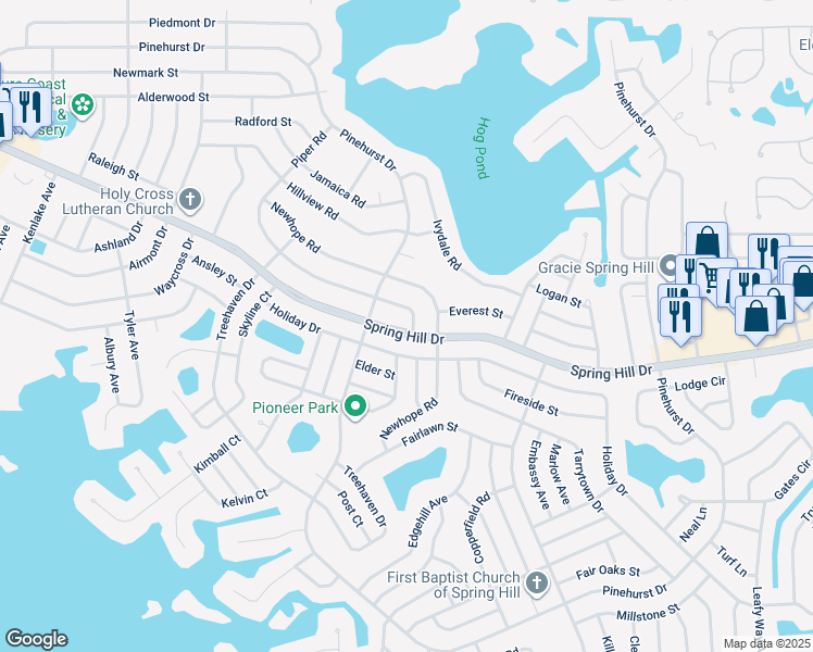 map of restaurants, bars, coffee shops, grocery stores, and more near 6499 Spring Hill Drive in Spring Hill