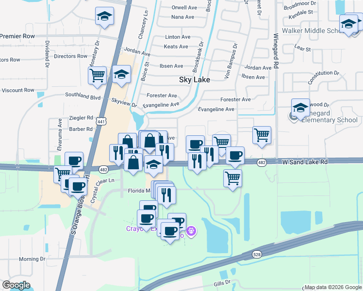 map of restaurants, bars, coffee shops, grocery stores, and more near 1100-1106 Arrowsmith Ave in Orlando