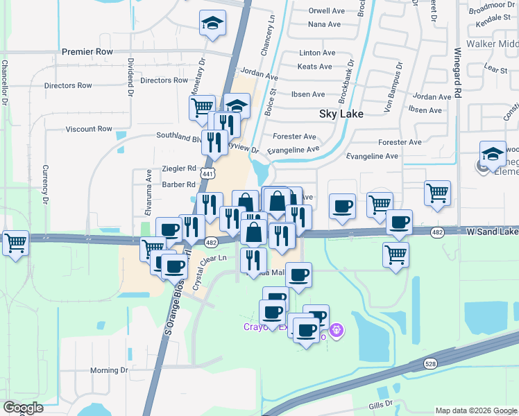 map of restaurants, bars, coffee shops, grocery stores, and more near 1325 Arrowsmith Avenue in Orlando