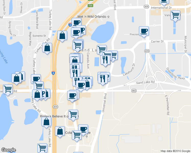 map of restaurants, bars, coffee shops, grocery stores, and more near 7540 Canada Avenue in Orlando