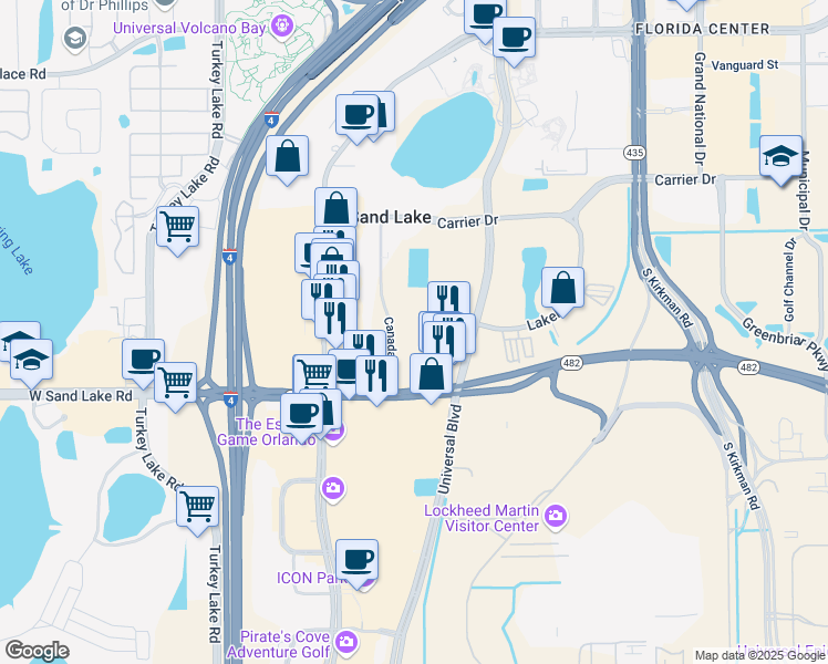 map of restaurants, bars, coffee shops, grocery stores, and more near 7601 Canada Avenue in Orlando