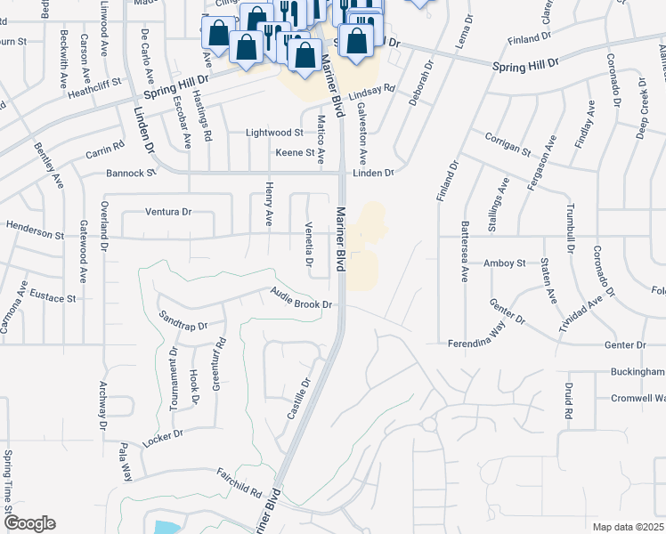 map of restaurants, bars, coffee shops, grocery stores, and more near 1194 Muscovy Drive in Spring Hill